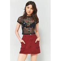 Light Before Dark Dobby Spot Floral Embroidered Mesh Top, BLACK