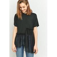 Light Before Dark Ruched Mixed Peplum Top, BLACK