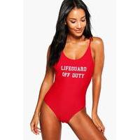 Lifeguard Off Duty Slogan Scoop Swimsuit - red
