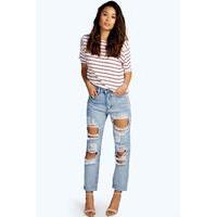 Light Blue Large Rip Boyfriend Jeans - blue