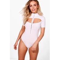 Lily Ribbed Hook and Eye Cut Out Bodysuit - white