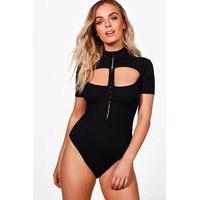 Lily Ribbed Hook and Eye Cut Out Bodysuit - black