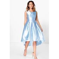 lia sateen dip hem skater dress blue