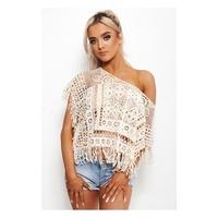 Lia Beige Crochet Fringe Top