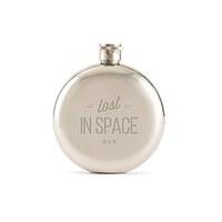 lost in space engraved round silver hip flask for men