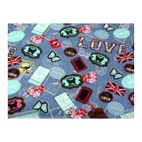 love london print polycotton canvas dress fabric airforce blue