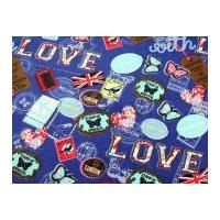 love london print polycotton canvas dress fabric royal blue