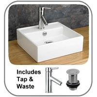 Loire 41cm Square Washbasin Countertop Sink with Single Lever Tap and Plug Set