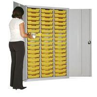 LOCKABLE STEEL CUPBOARD WITH 51 RED TRAYS