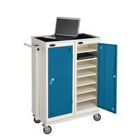 LOW 8 SHELF CHARGE AND STORAGE LOCKERS SUPPLIED WITH MOBILE TROLLEY WHITE BODY/BLUE DOOR