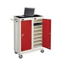 LOW 8 SHELF CHARGE AND STORAGE LOCKERS SUPPLIED WITH MOBILE TROLLEY WHITE BODY/RED DOOR