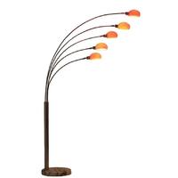 long 5 arm floor lamp chrome body and orange glass shade