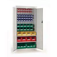 LOUVRE PANEL CUPBOARD WITH RED DOORS 1820h x 915w x 505d, COMPLETE WITH PLASTIC CONTAIN