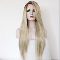 Long Natural Straight Ombre Black Root to Blonde Lace Front Wig Synthetic Hair Wigs for Women Half Hand Tied