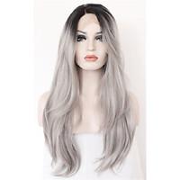 Long Natural Wave Ombre Black Root to Grey Lace Front Wig Synthetic Hair Wigs for Women Half Hand Tied