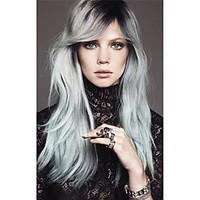 Long Silk Straight Black/silvery Grey Ombre Side Swept Bangs Synthetic Wig