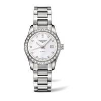 Longines Conquest ladies\' automatic stone set mother of pearl dial stainless steel bracelet watch