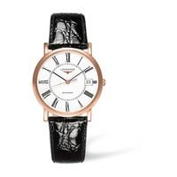Longines Elegant automatic men\'s 18ct rose gold and black leather strap watch