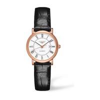 longines elegant automatic ladies 18ct rose gold and black leather str ...