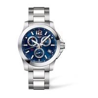 Longines Conquest chronograph mens blue dial stainless steel bracelet watch