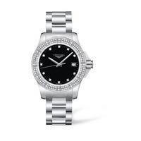 longines conquest ladies diamond set black dial stainless steel bracel ...