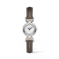 Longines Equestrian Stirrup ladies\' diamond-set mother of pearl dial brown leather strap watch