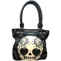 Loungefly Lacey women\'s black floral skull print Flocked canvas tote bag women\'s Handbags in black