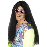 Long Black Men\'s Hippy Wig With Centre Parting