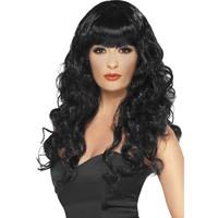 Long Black Smiffy\'s Siren Curly Wig With Fringe