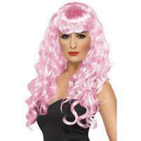 long pink smiffys siren curly wig with fringe
