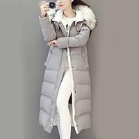 Long Padded Coat, Street chic Casual/Daily Solid-Nylon White Goose Down Long Sleeve Hooded