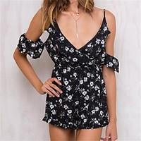 Loose Rompers, Casual/Daily Beach Sexy Cute Floral Deep V Sleeveless Mid Rise Polyester Inelastic Spring Summer