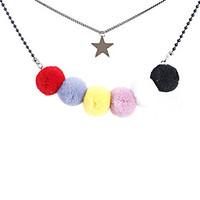 Lovely Handmade Double Layers Chains Star Necklace with Colorful Pom Pom Pendant