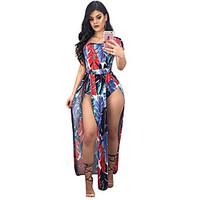 Loose Jumpsuits, Party/Cocktail Club Holiday Sexy Boho Street chic Floral Color Block Ruffle Boat Neck Short Sleeve High Rise Polyester