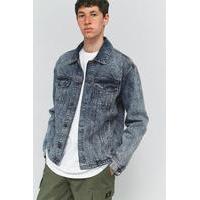 loom hooper acid wash raw hem denim jacket light blue