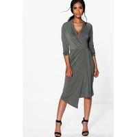 Long Sleeve Wrap Front Midi Dress - khaki