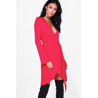 Long Flare Sleeve Wrap Dress - red