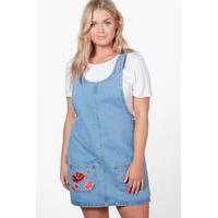 Lou Embroidered Pocket Denim Pinafore Dress - mid blue