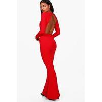 long sleeve open back maxi dress red
