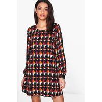 Long Sleeve Printed Swing Dress - black