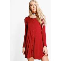 Long Sleeve Button Swing Dress - ruby