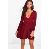 Long Sleeved Scallop Plunge Skater Dress - berry