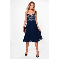 lo crochet chiffon skater midi dress navy