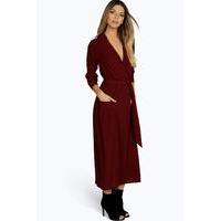 Long Sleeve Pocket Front Shirt Dress - berry
