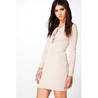 Long Sleeve Lace Up Bodycon Dress - beige