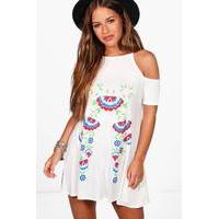 loren printed cold shoulder swing dress ivory