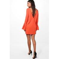 low back flute sleeve shift dress orange