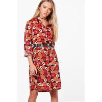 Long Sleeve Floral Midi Shirt Dress - rust