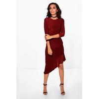 Long Sleeve Frill Asymmetric Midi Dress - berry