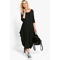 Long Sleeved Drape Midi Dress - black